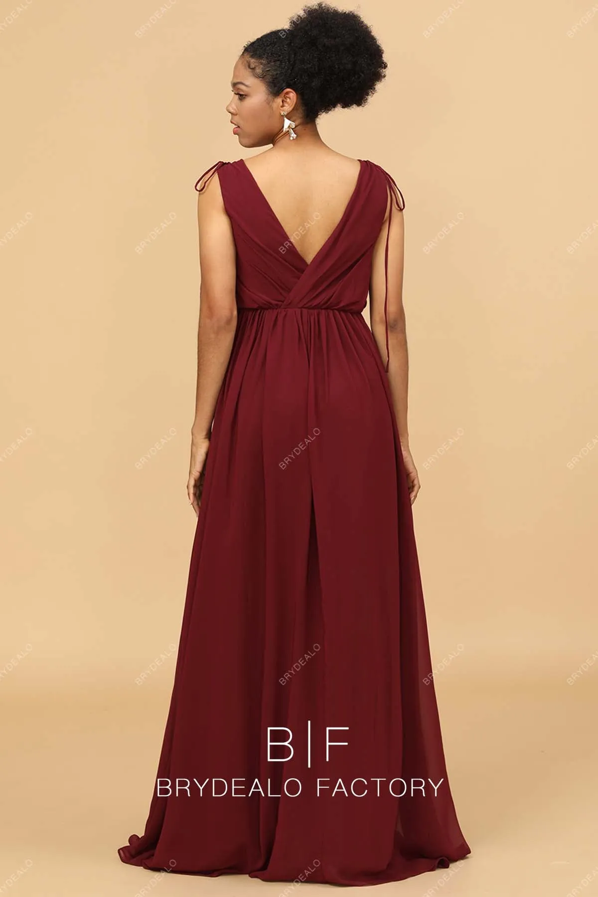 Burgundy Sleeveless Ruched V-Neck Modern Long Dress