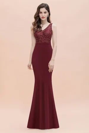 Burgundy V-Neck Mermaid Evening Dress Slim Sequins Party Dress