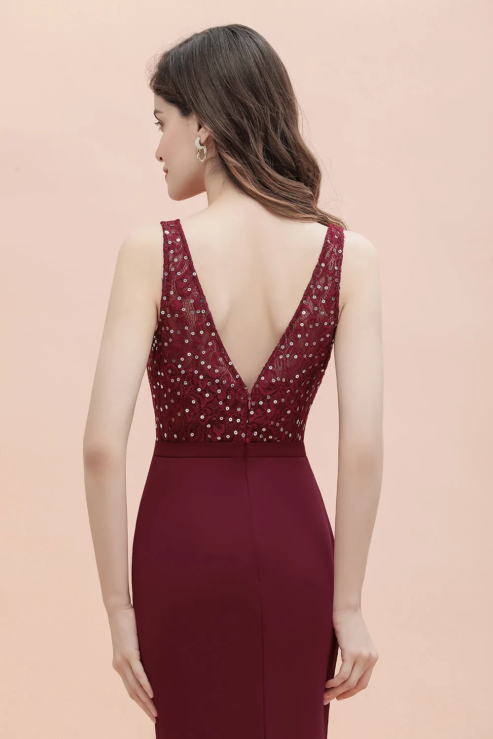 Burgundy V-Neck Mermaid Evening Dress Slim Sequins Party Dress