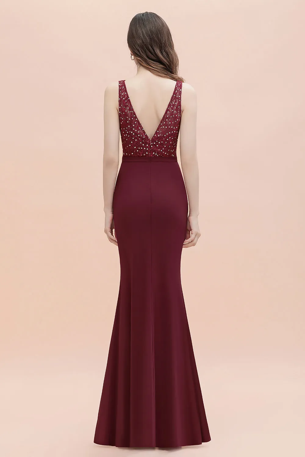 Burgundy V-Neck Mermaid Evening Dress Slim Sequins Party Dress