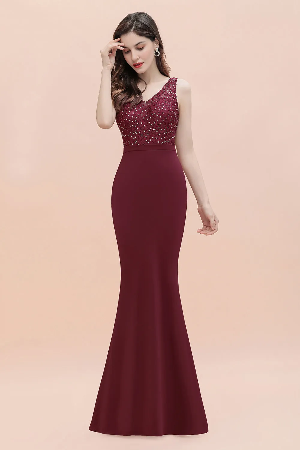 Burgundy V-Neck Mermaid Evening Dress Slim Sequins Party Dress