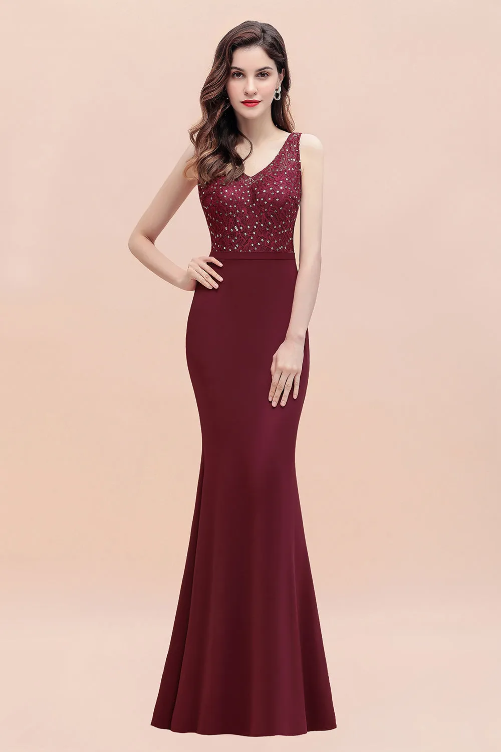 Burgundy V-Neck Mermaid Evening Dress Slim Sequins Party Dress