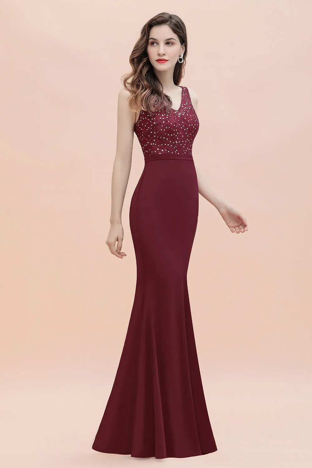 Burgundy V-Neck Mermaid Evening Dress Slim Sequins Party Dress