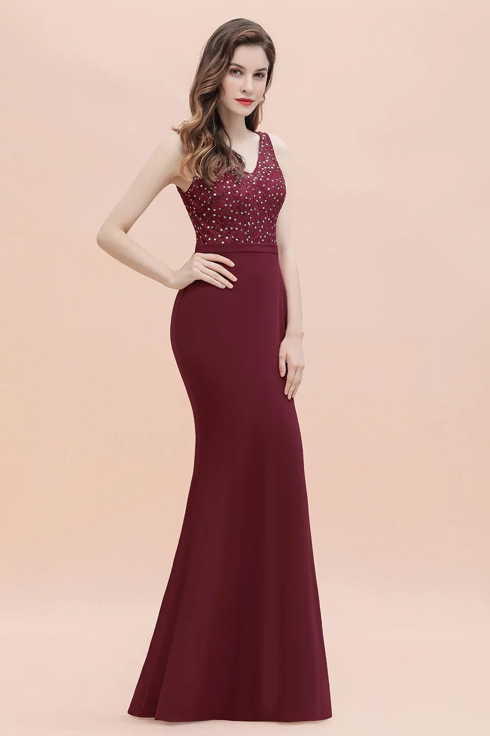 Burgundy V-Neck Mermaid Evening Dress Slim Sequins Party Dress