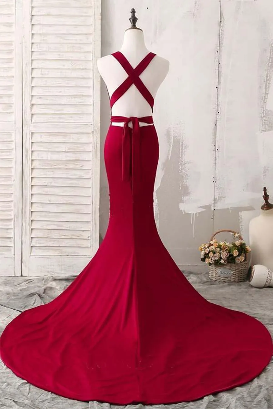 Burgundy V Neck Mermaid Open Back Satin Long Prom with Sweep Train, V Neck Backless Burgundy Formal, Burgundy Evening