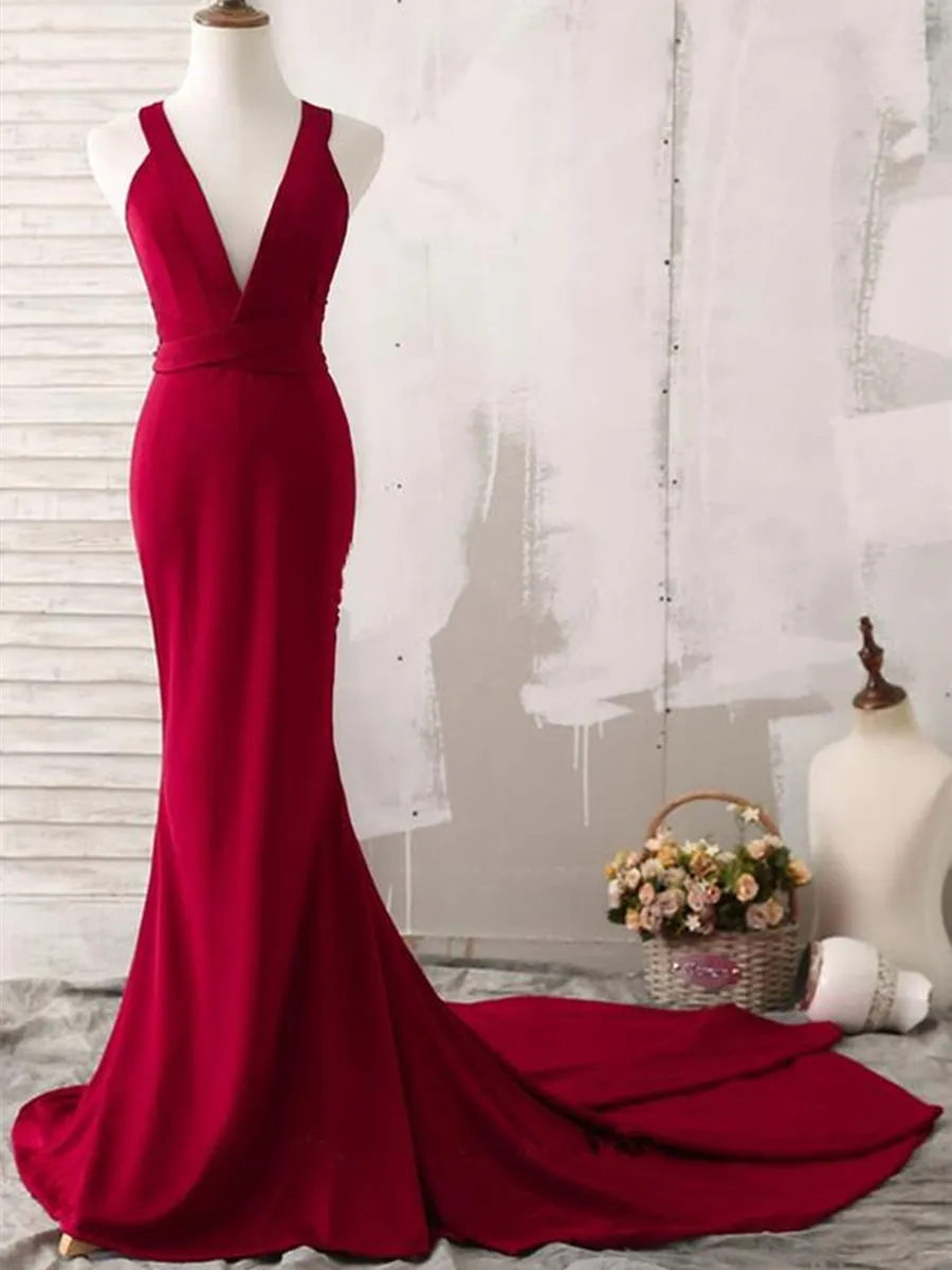 Burgundy V Neck Mermaid Open Back Satin Long Prom with Sweep Train, V Neck Backless Burgundy Formal, Burgundy Evening