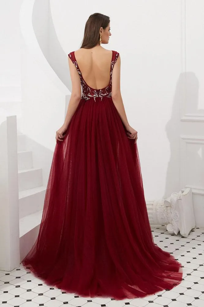 Burgundy V Neck Sleeveless Tulle Long Prom Dress with Beads Crystal UQ2282