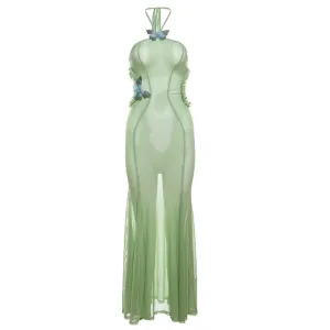 Butterfly Hollow Halter Maxi Dress See Through Green Mesh Long Dresses for Women Sexy Beach Vacation Outfits P71-CH24