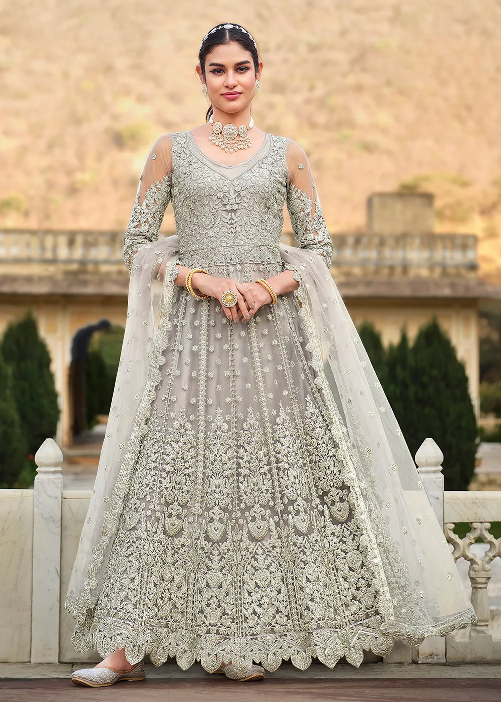 Butterfly Net Grey Embroidered Wedding Bridesmaid Anarkali Suit