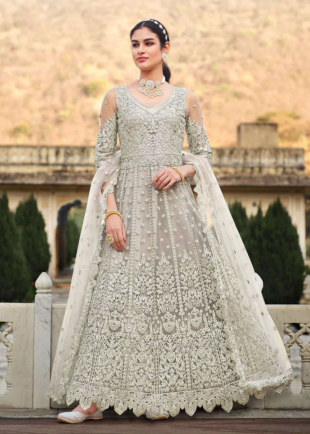 Butterfly Net Grey Embroidered Wedding Bridesmaid Anarkali Suit