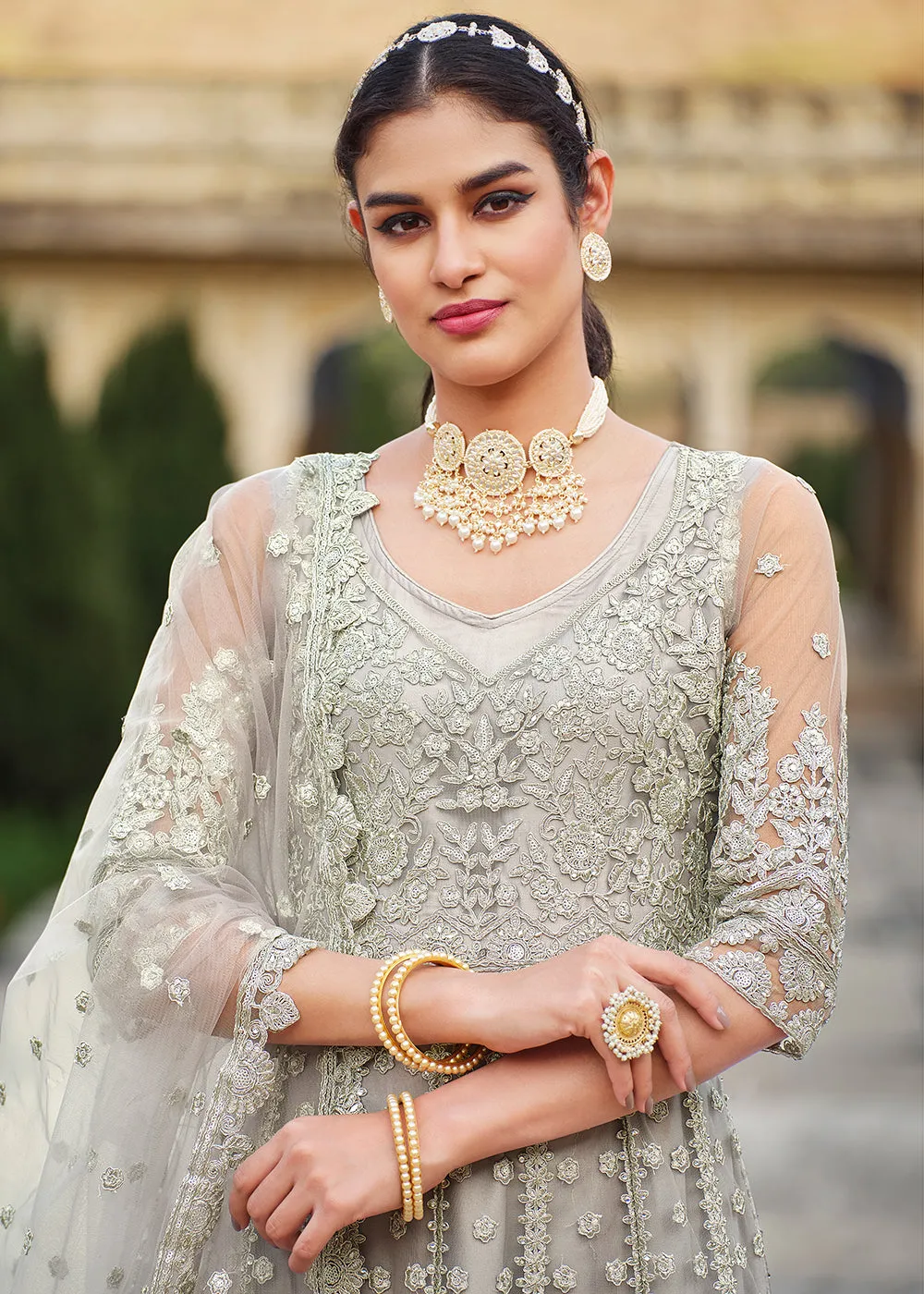 Butterfly Net Grey Embroidered Wedding Bridesmaid Anarkali Suit