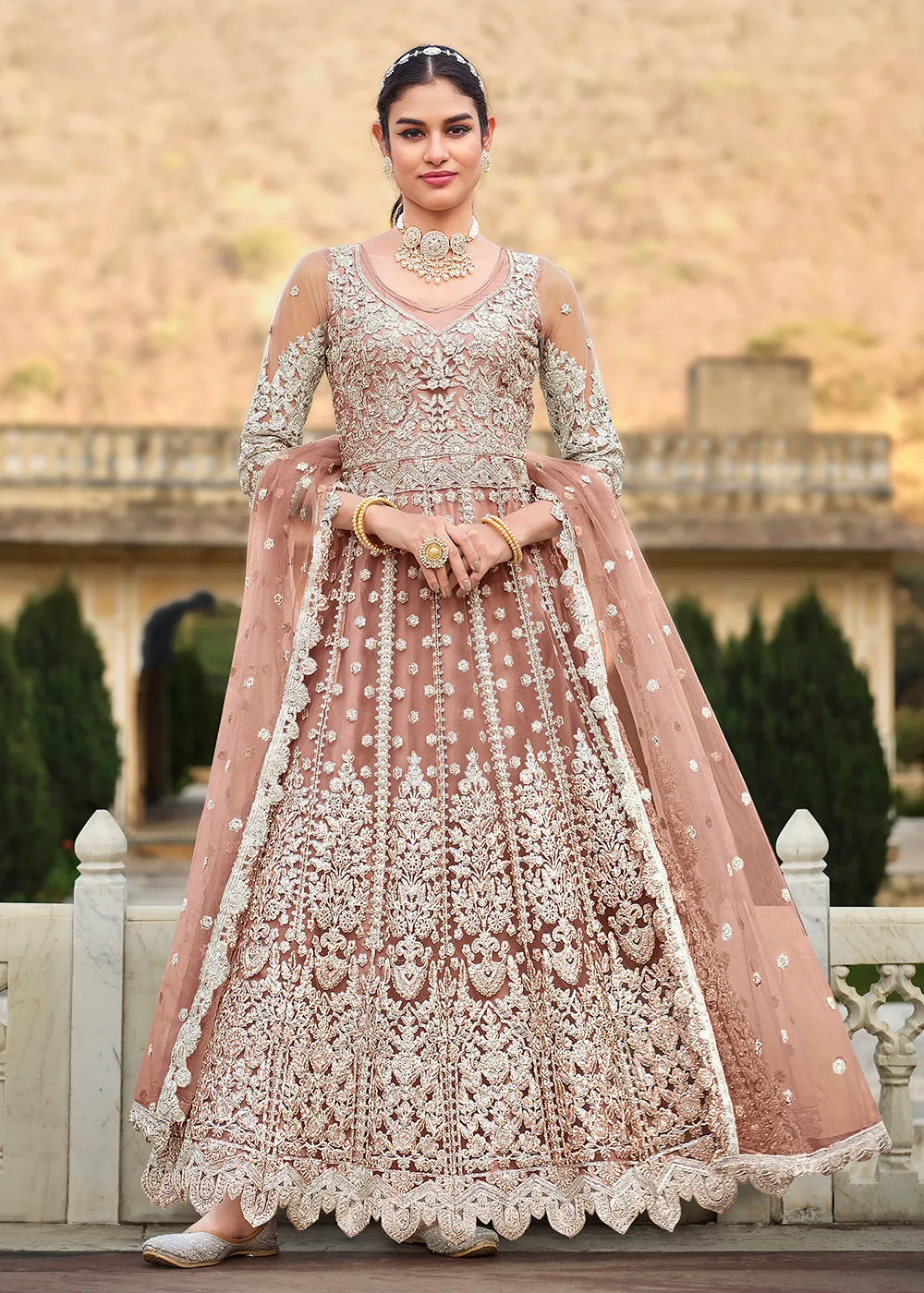 Butterfly Net Peach Embroidered Wedding Bridesmaid Anarkali Suit