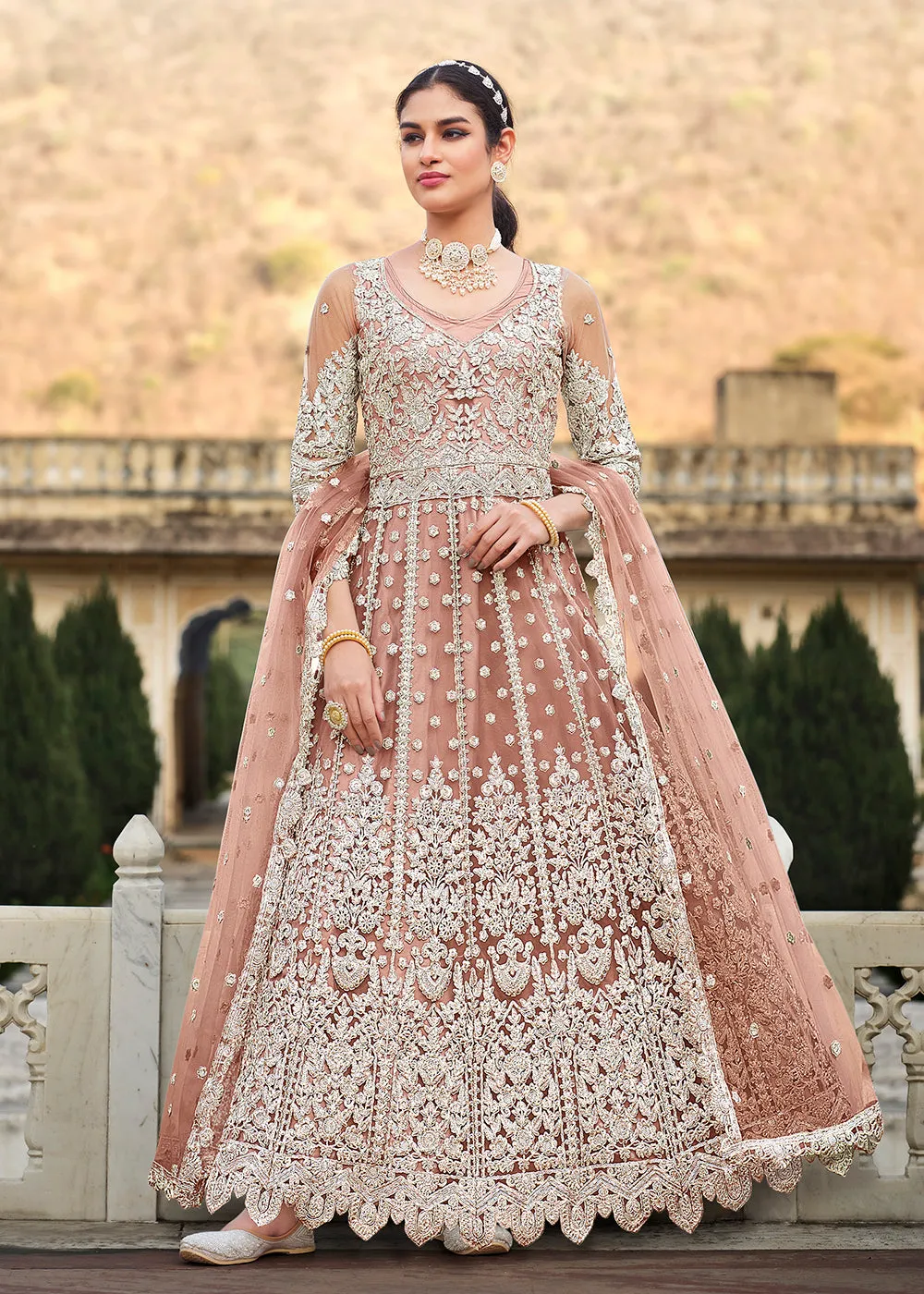 Butterfly Net Peach Embroidered Wedding Bridesmaid Anarkali Suit