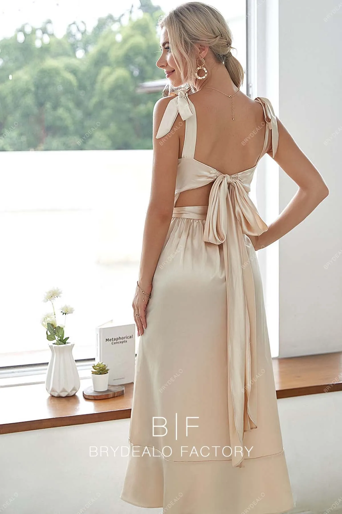 Champagne Charmeuse Shoulder Tie Slit Tea Length Dress