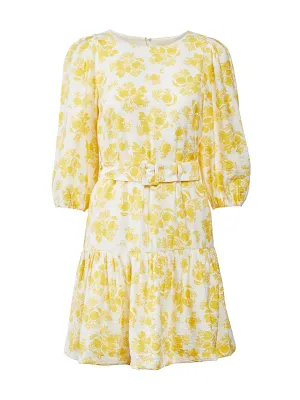 Citrus Blossom Belted Flounce Shift Dress in Winter White