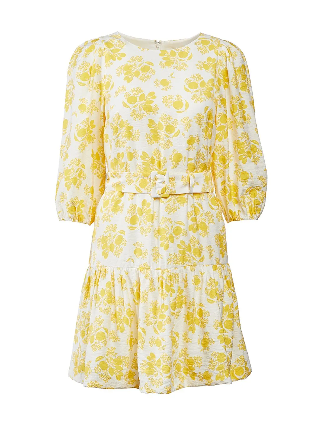 Citrus Blossom Belted Flounce Shift Dress in Winter White