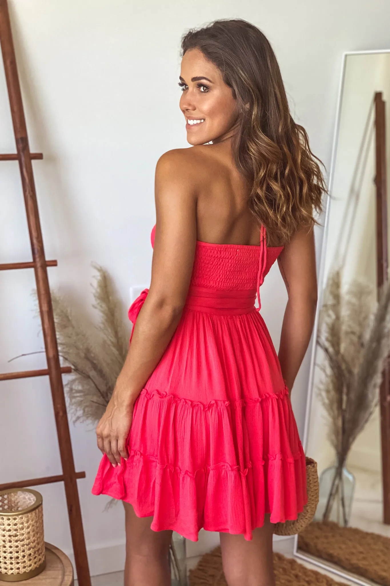 Coral Strapless Short Dress With Smocked Top