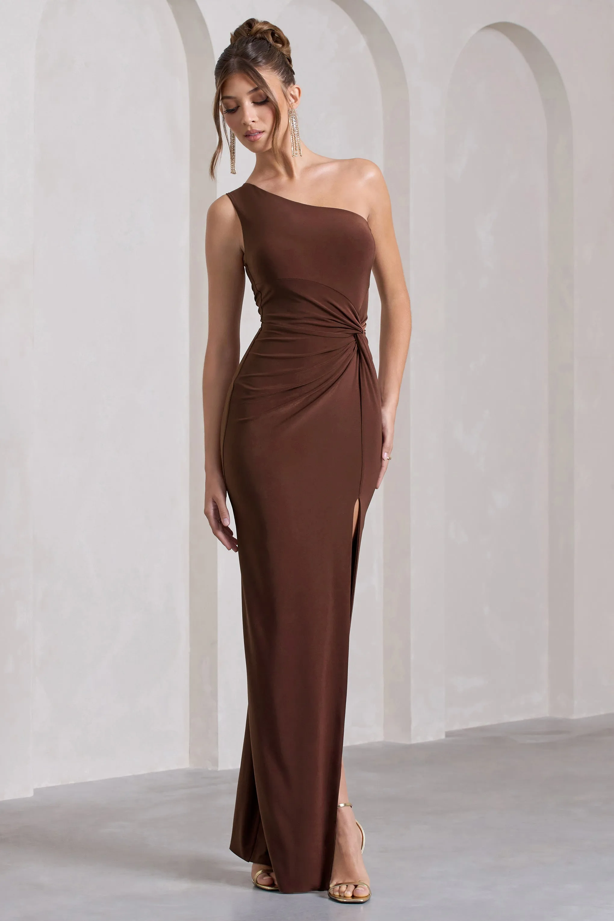 Coralina | Chocolate Brown One Shoulder Open-Back Split Maxi Dress