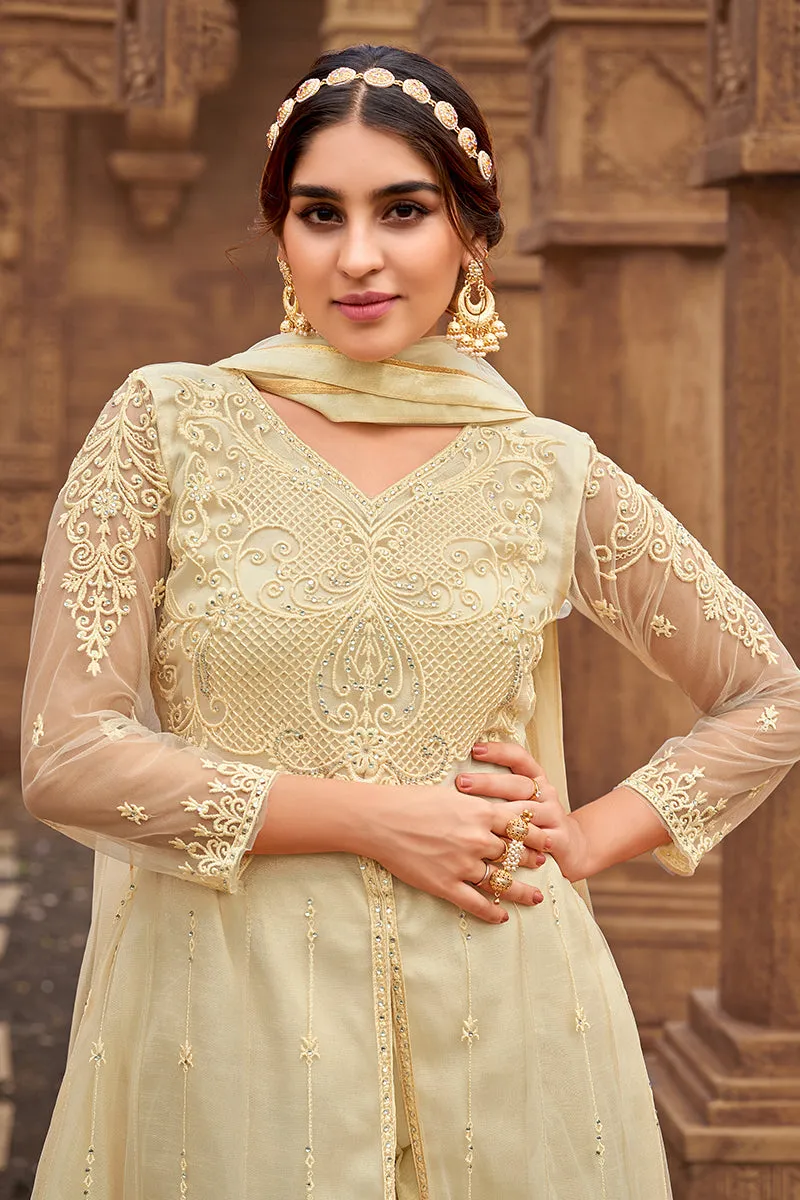 Cream Heavy Butterfly Net Beautiful Anarkali Suit