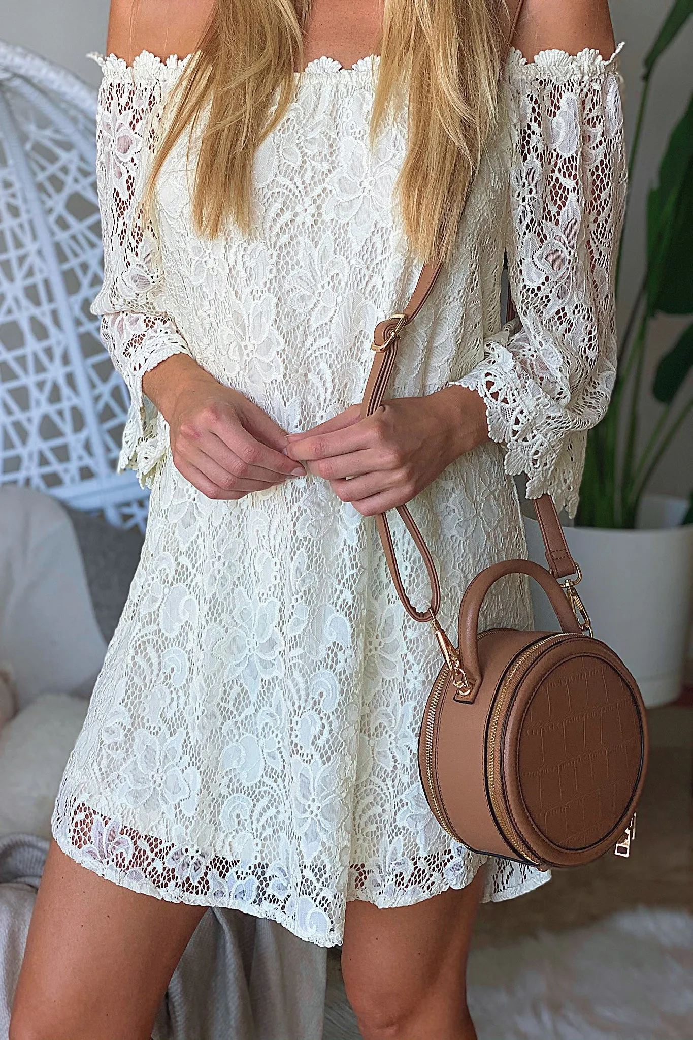 Cream Lace Off Shoulder Short Dress