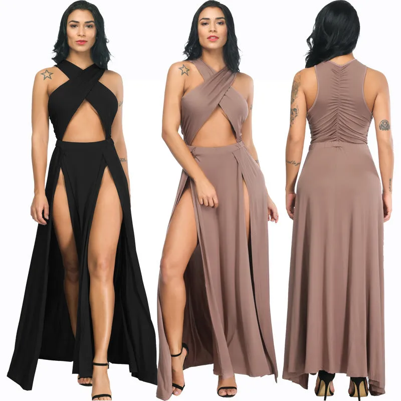 Criss Cross Neckline Halter Hollow Out Long Double Split Pleated Dress