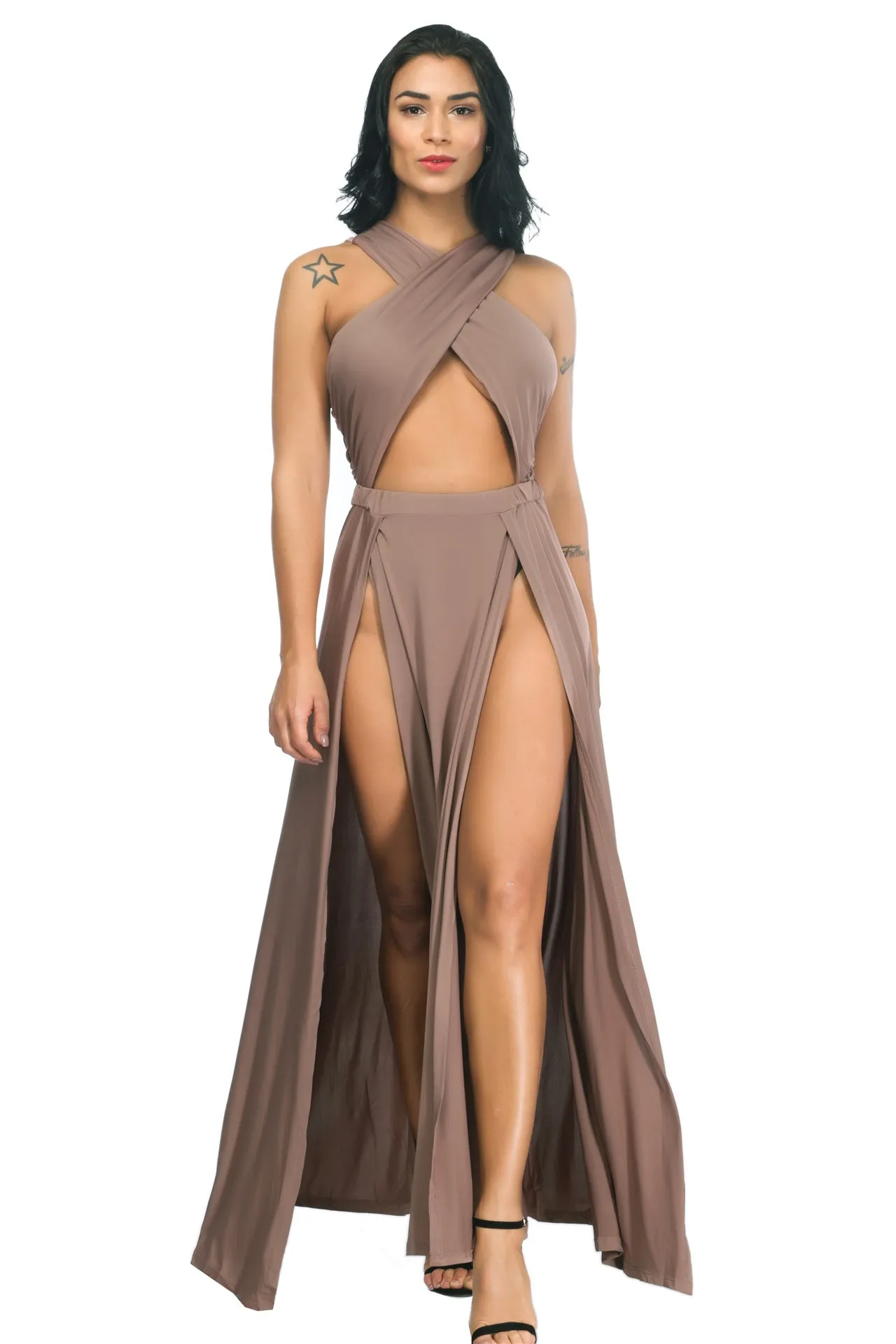 Criss Cross Neckline Halter Hollow Out Long Double Split Pleated Dress