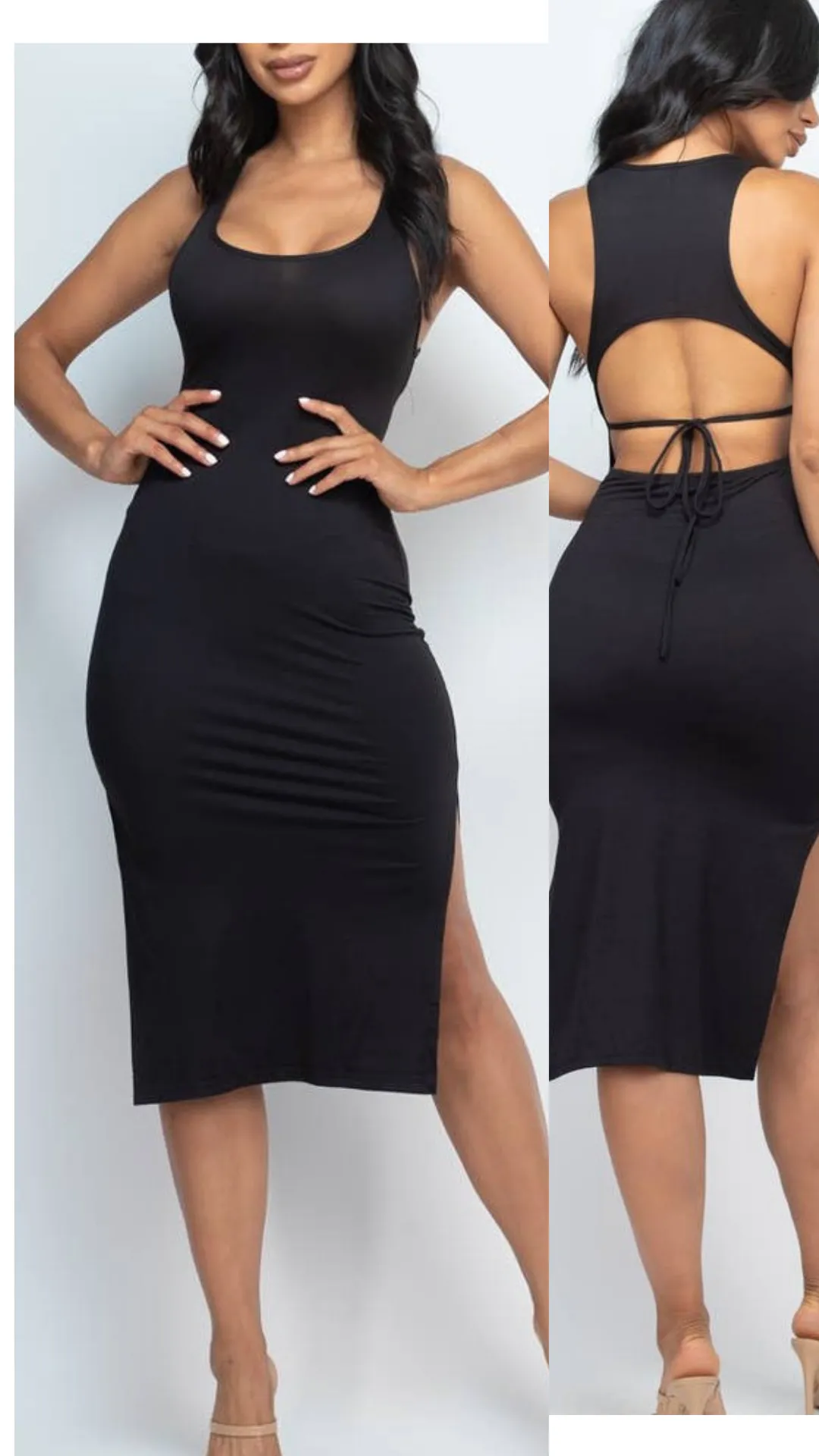 Cut Out Back Split Thigh Black Dress