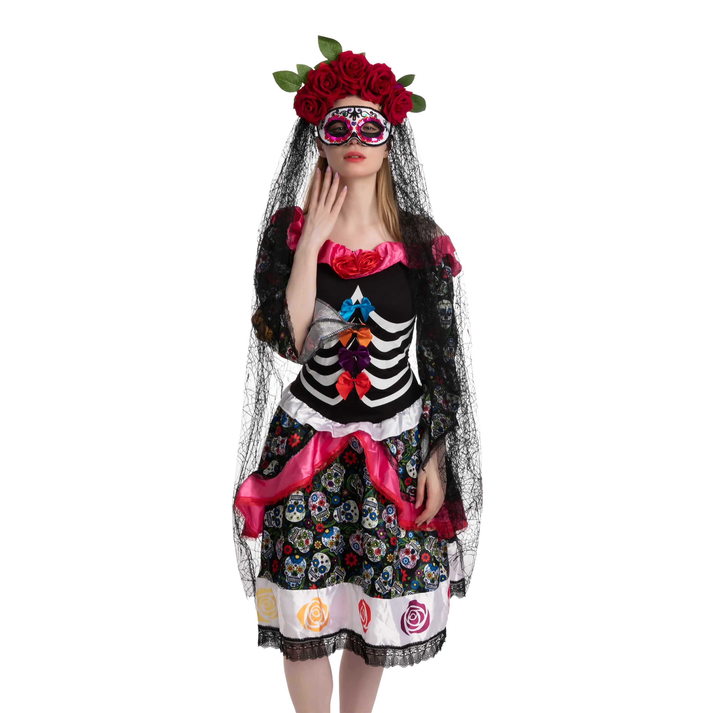 Day of the Dead Cosplay - Headband with Rose and Veil, Masquerade Eye Mask