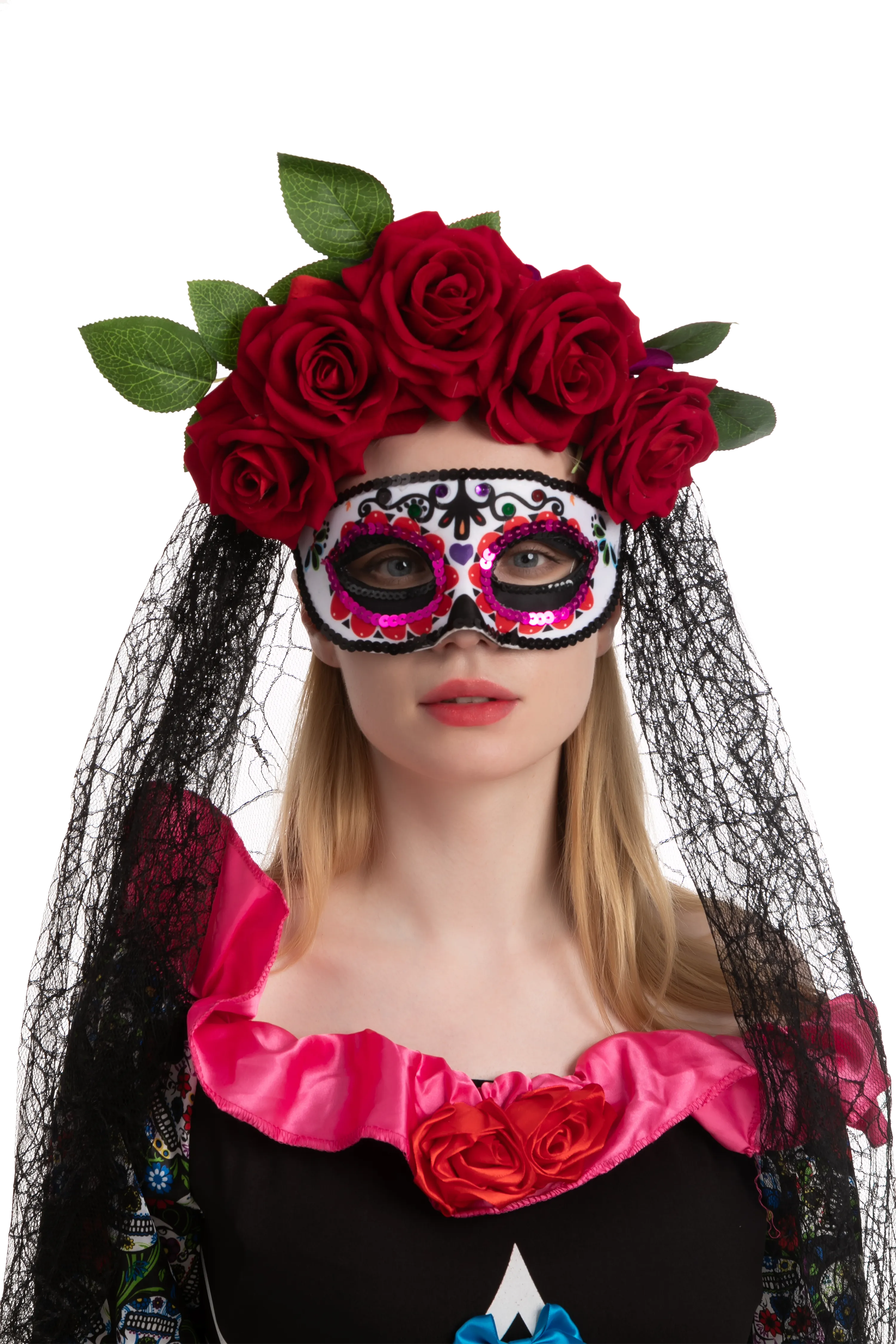 Day of the Dead Cosplay - Headband with Rose and Veil, Masquerade Eye Mask