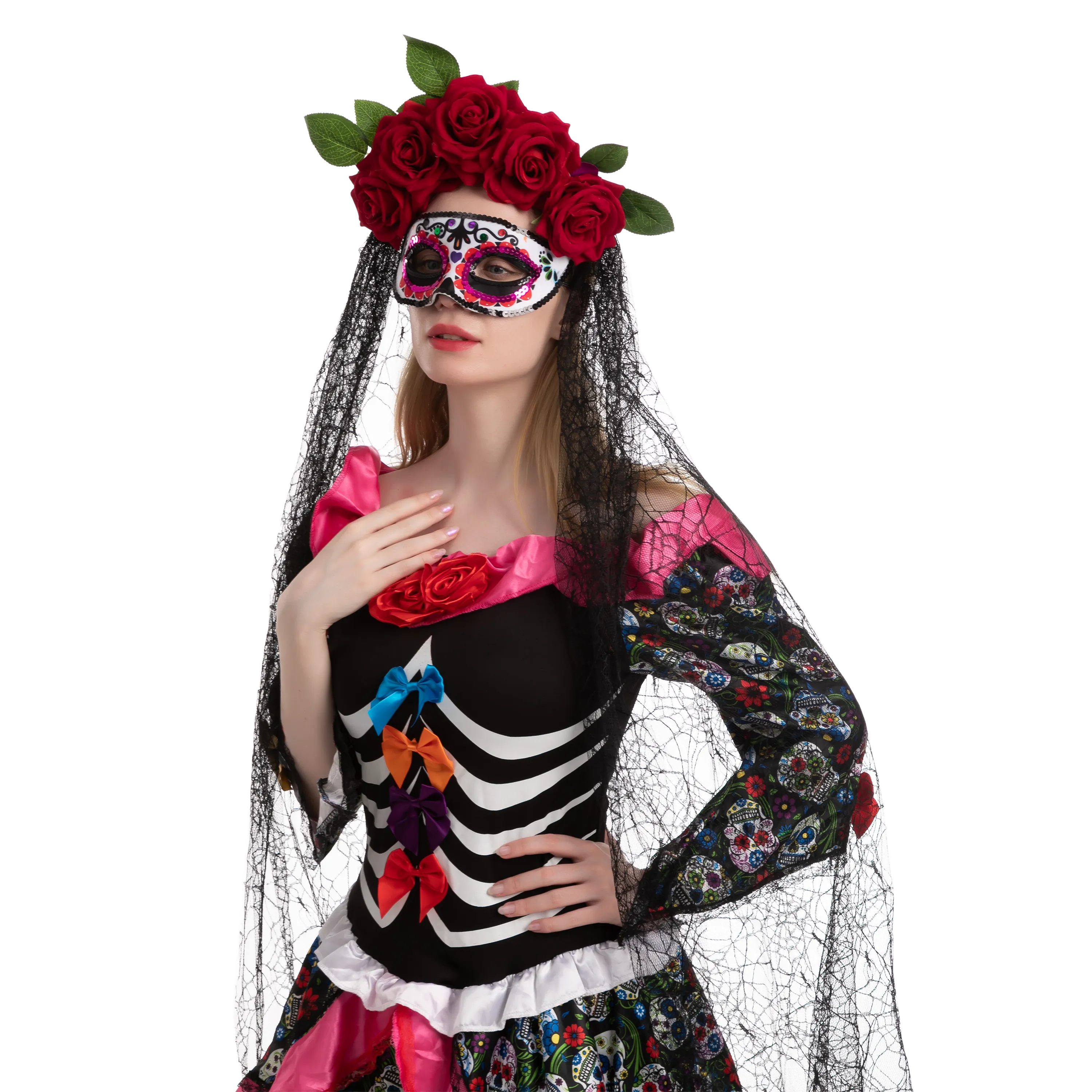 Day of the Dead Cosplay - Headband with Rose and Veil, Masquerade Eye Mask