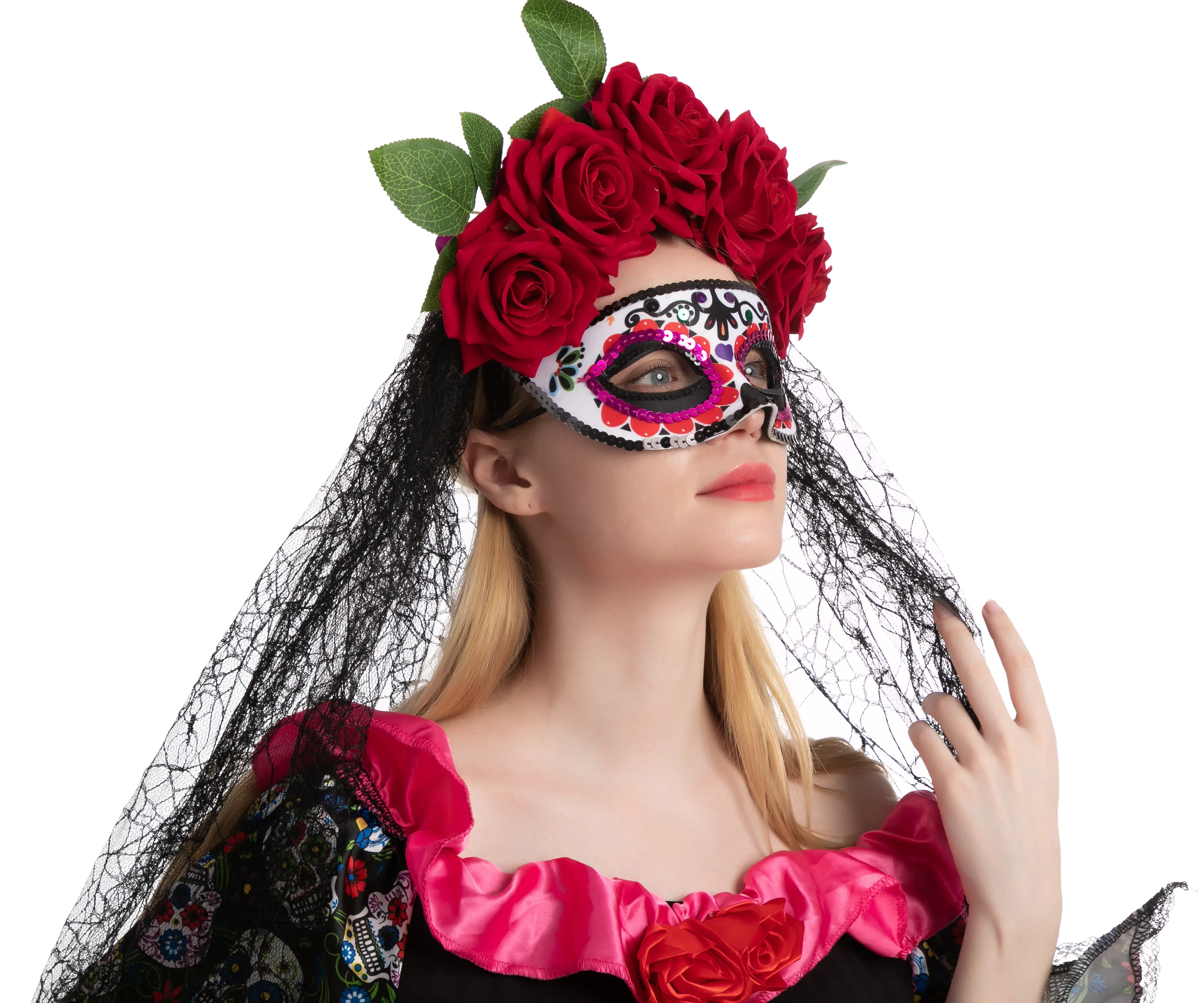 Day of the Dead Cosplay - Headband with Rose and Veil, Masquerade Eye Mask