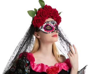 Day of the Dead Cosplay - Headband with Rose and Veil, Masquerade Eye Mask