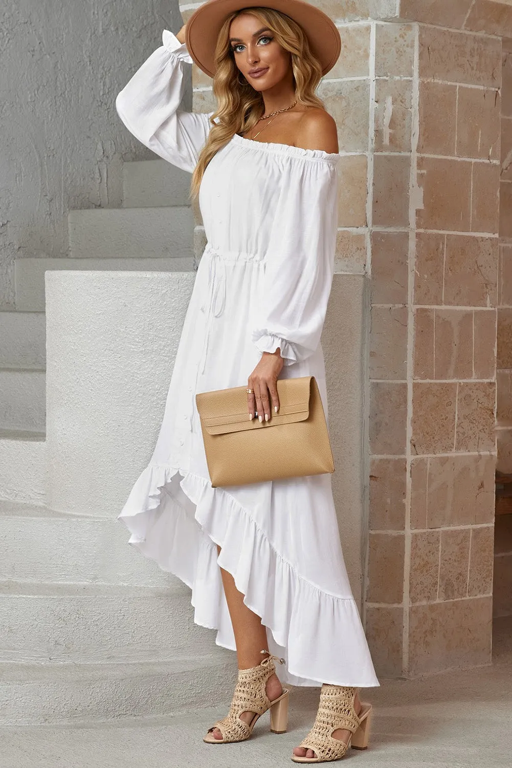 Decorative Button Ruffled High-Low Off-Shoulder Dress