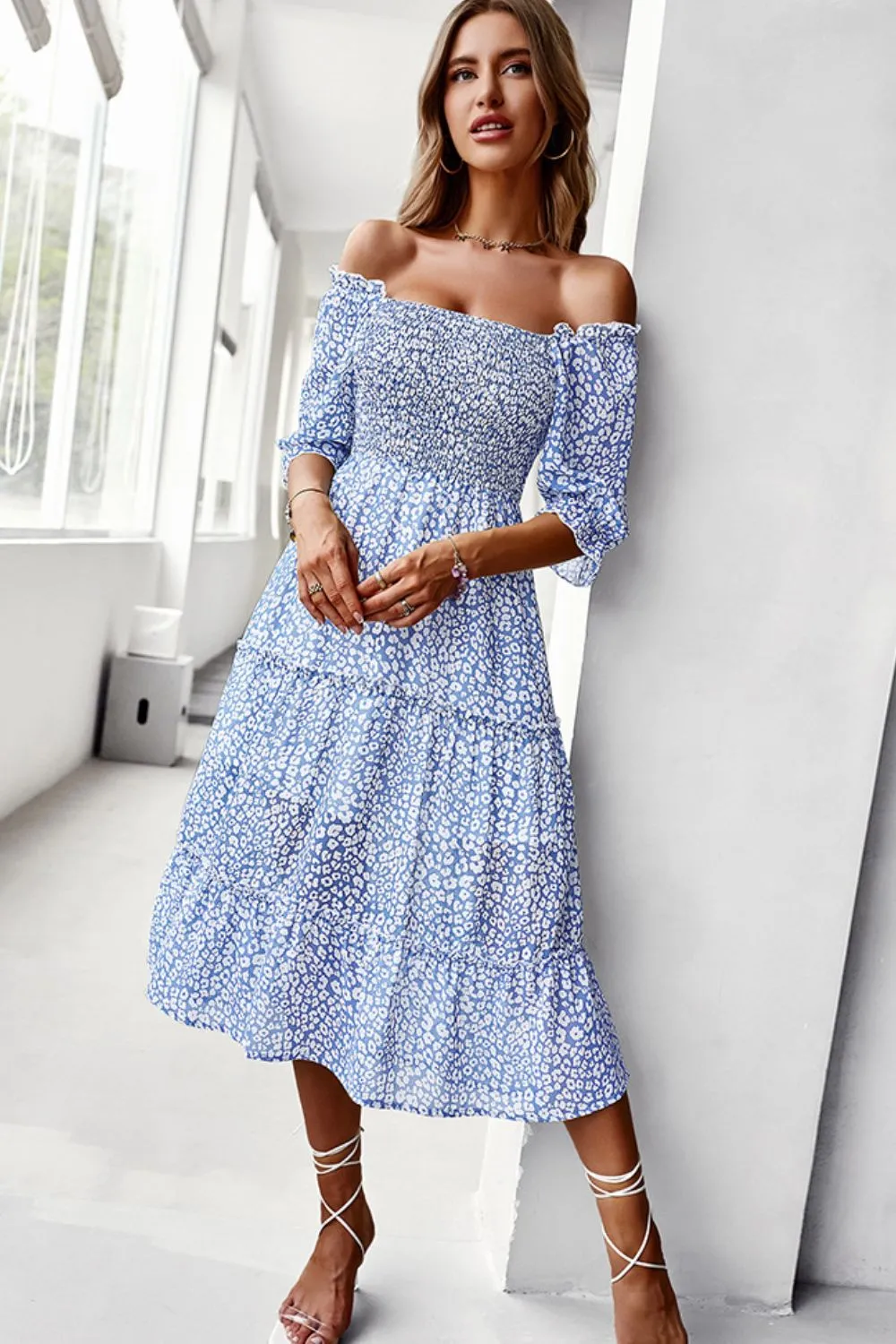 Ditsy Floral Off-Shoulder Smocked Midi Dress