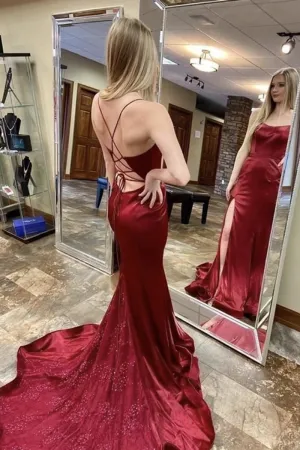 Elegant Backless Mermaid Burgundy Satin Long Prom Dress, Mermaid Burgundy Formal Graduation Evening Dress