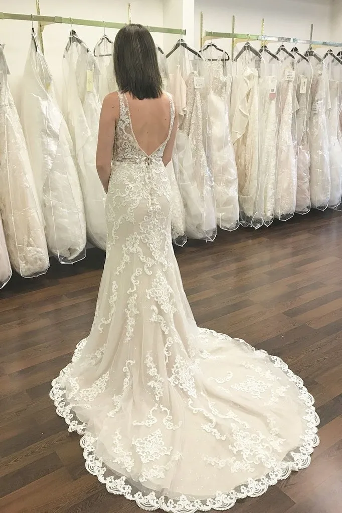 Elegant Deep V-Neck Wide Strap Mermaid Wedding Dress with Open Back Lace