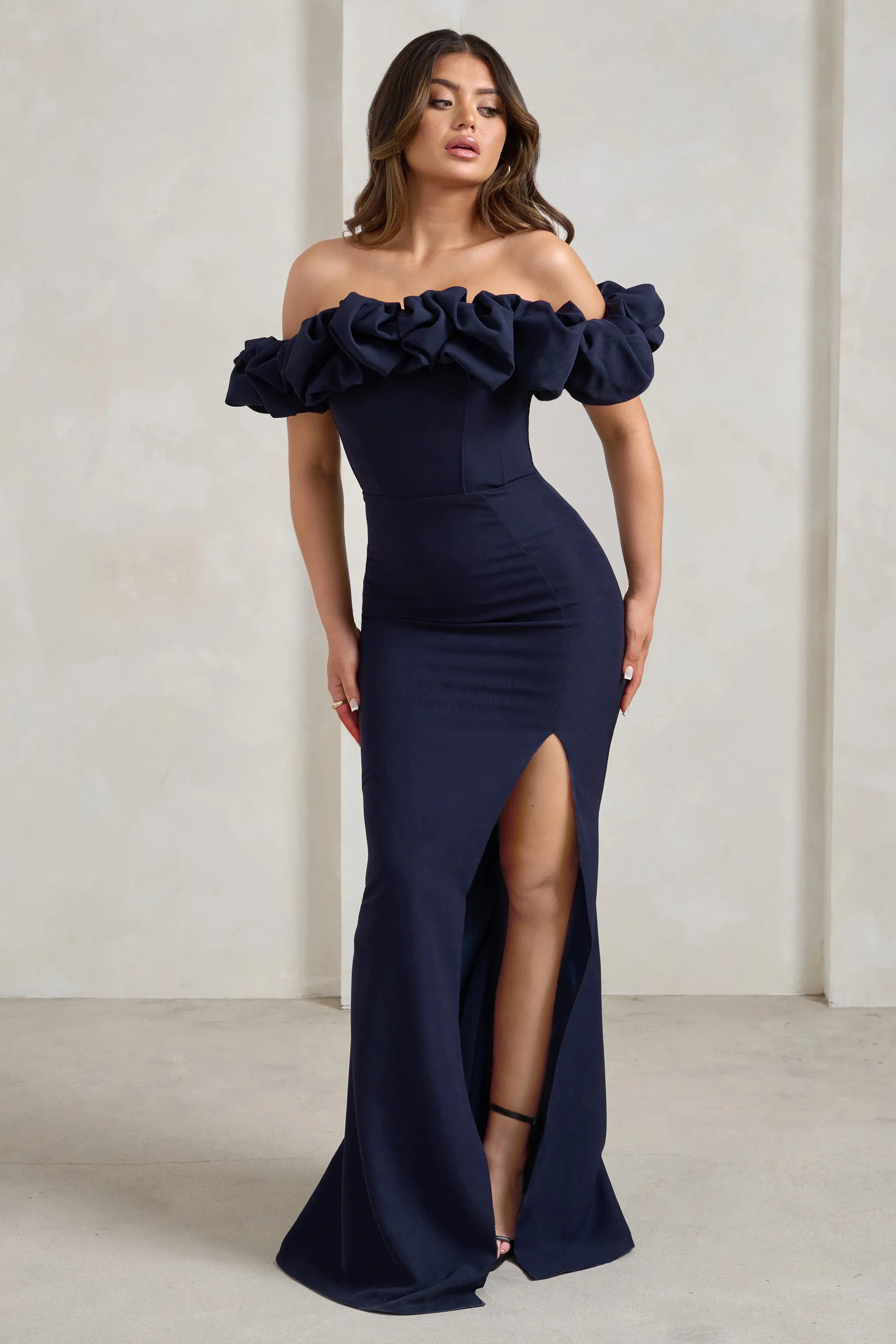 Esmeralda | Navy Structured Statement Bardot Maxi Dress