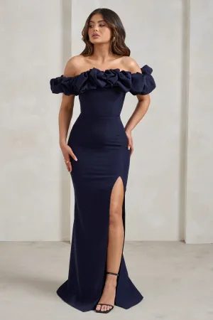 Esmeralda | Navy Structured Statement Bardot Maxi Dress