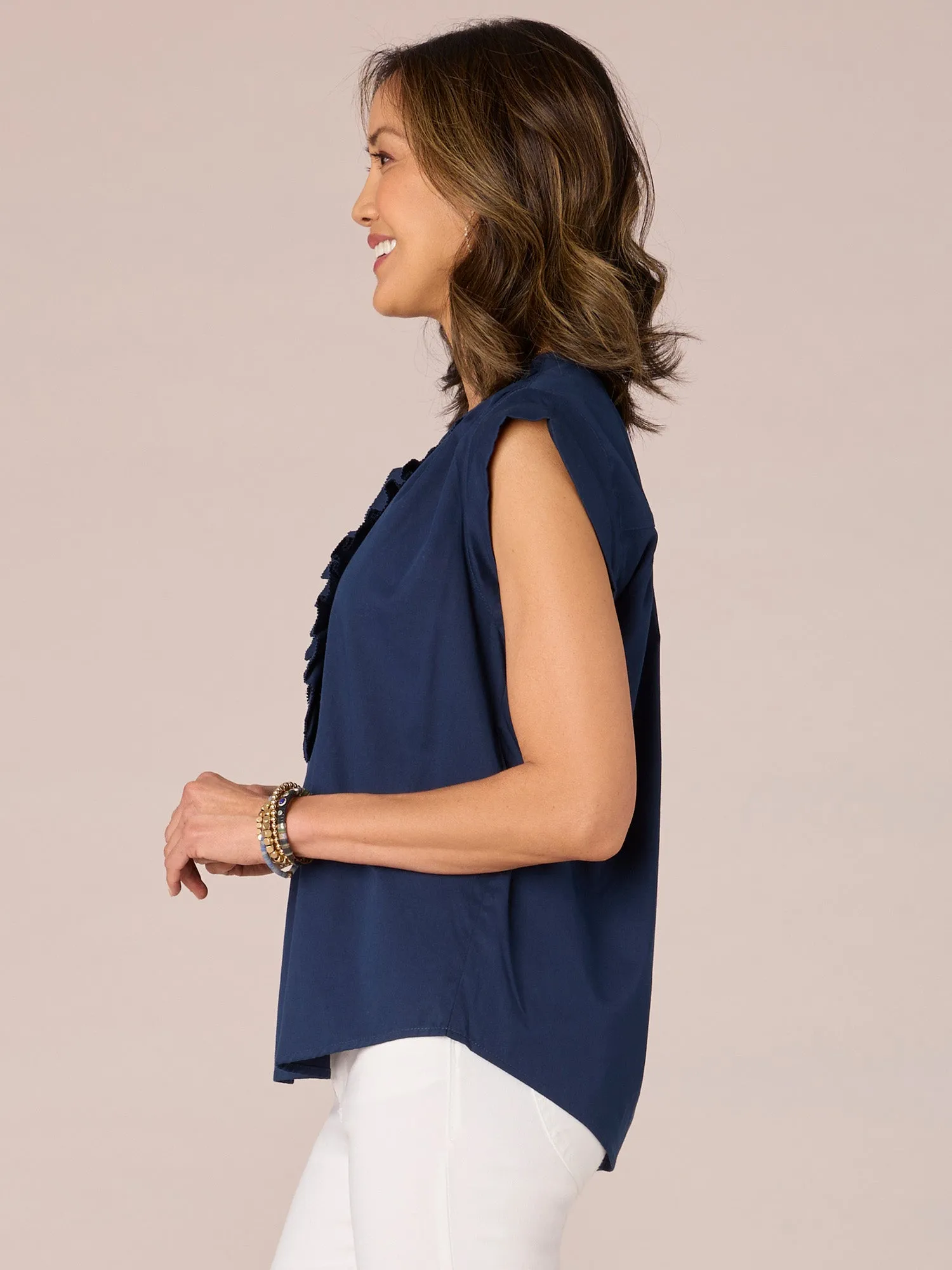 Extended Cap Sleeve V-Neck Ruffle Woven Top