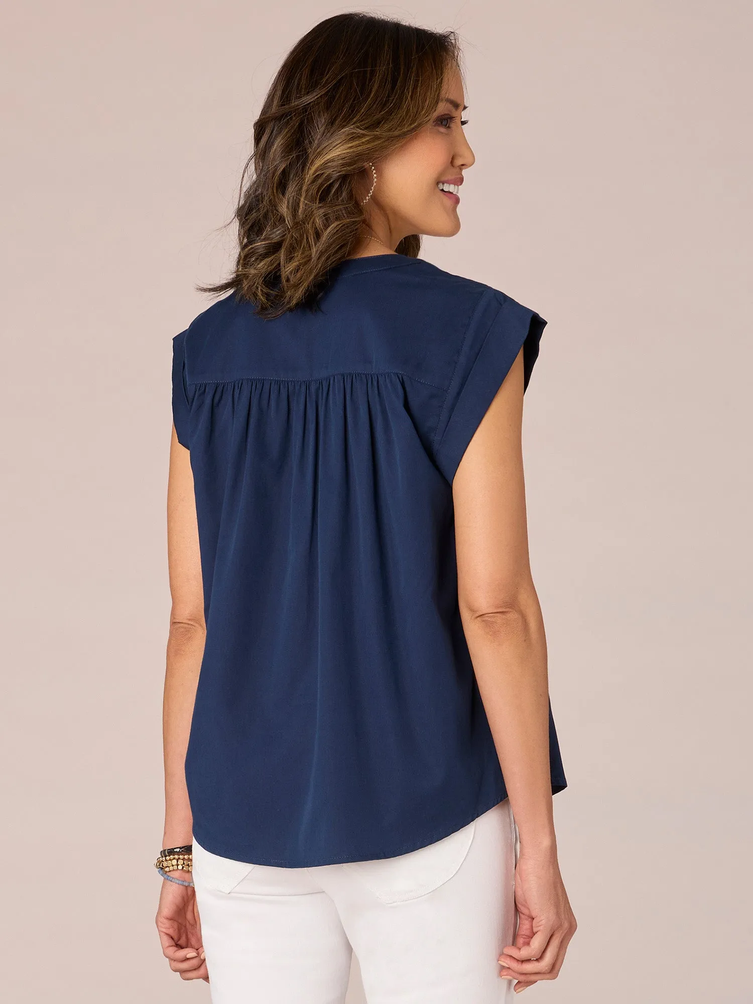 Extended Cap Sleeve V-Neck Ruffle Woven Top