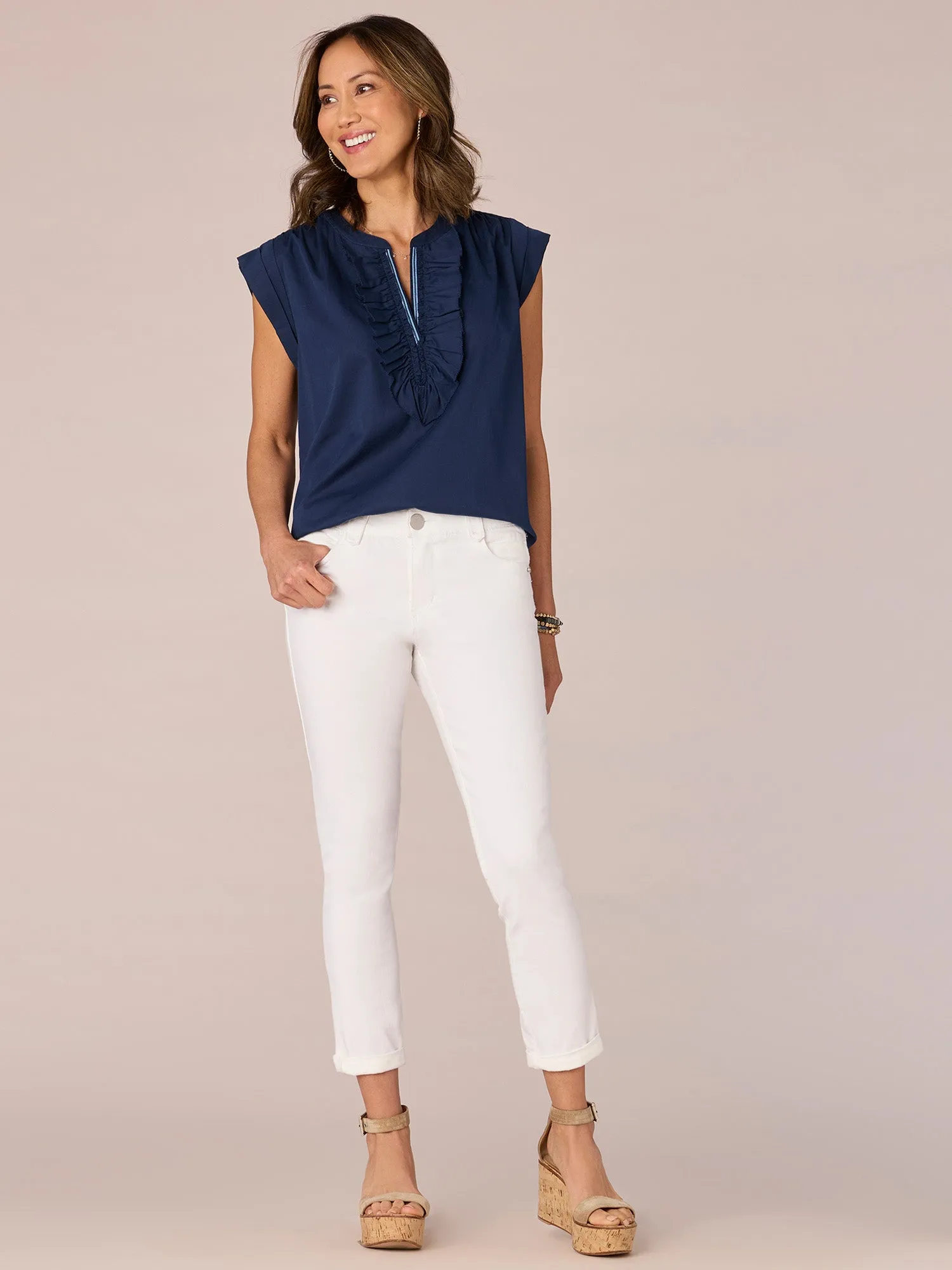 Extended Cap Sleeve V-Neck Ruffle Woven Top