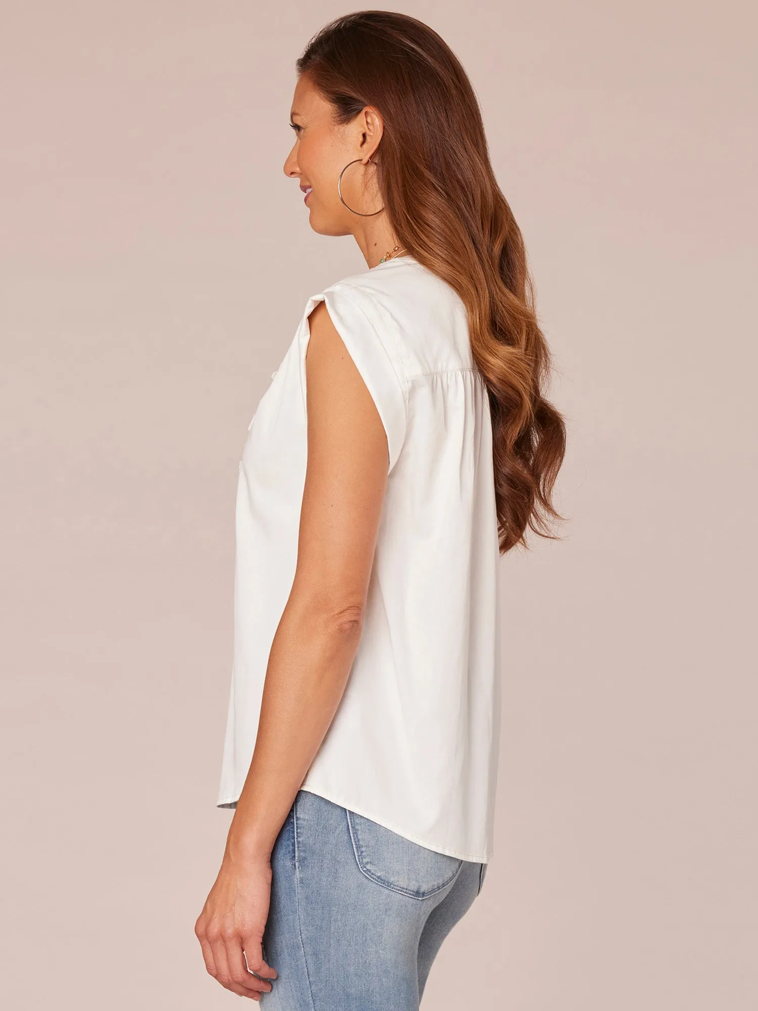 Extended Cap Sleeve V-Neck Ruffle Woven Top