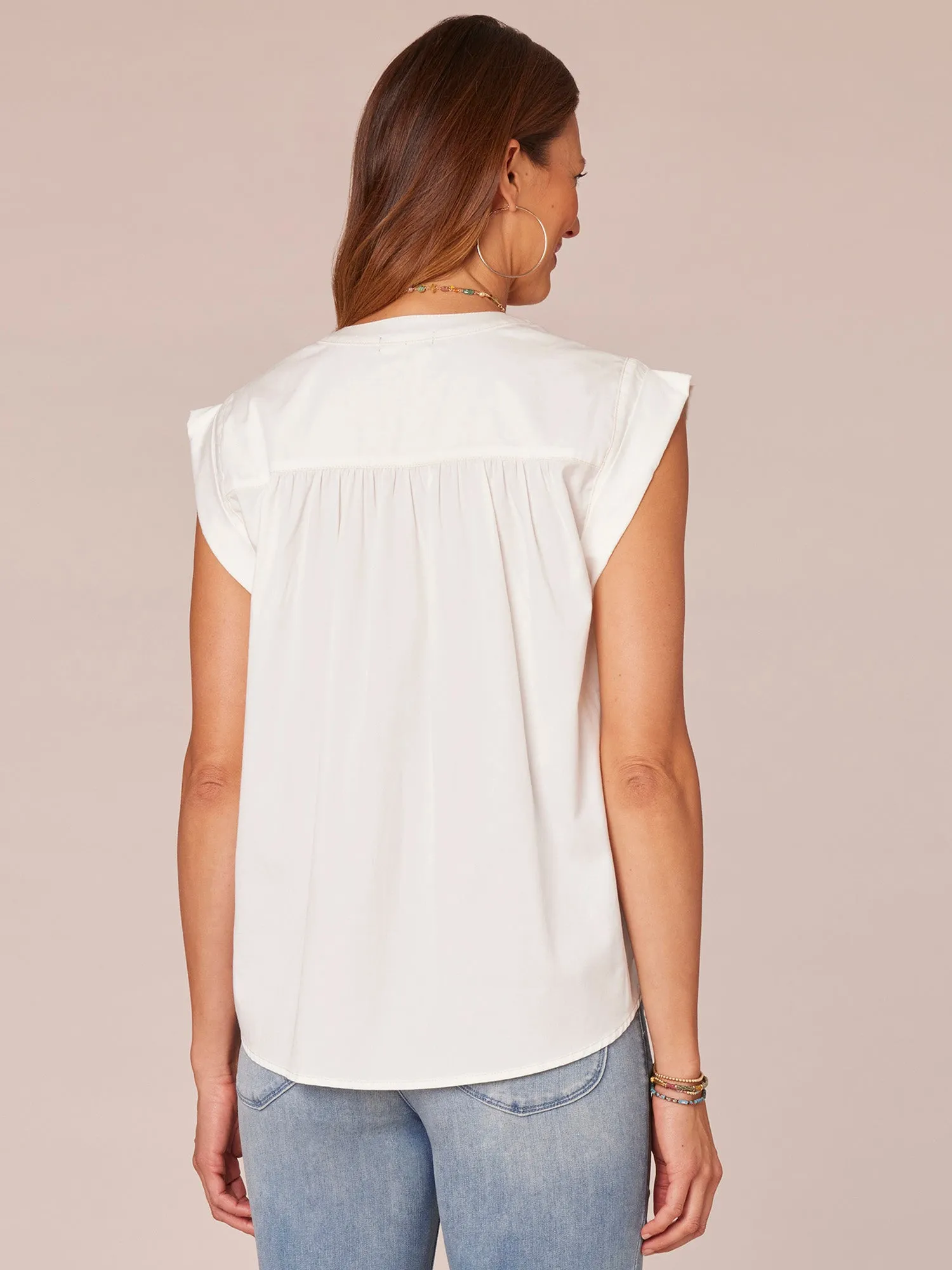 Extended Cap Sleeve V-Neck Ruffle Woven Top