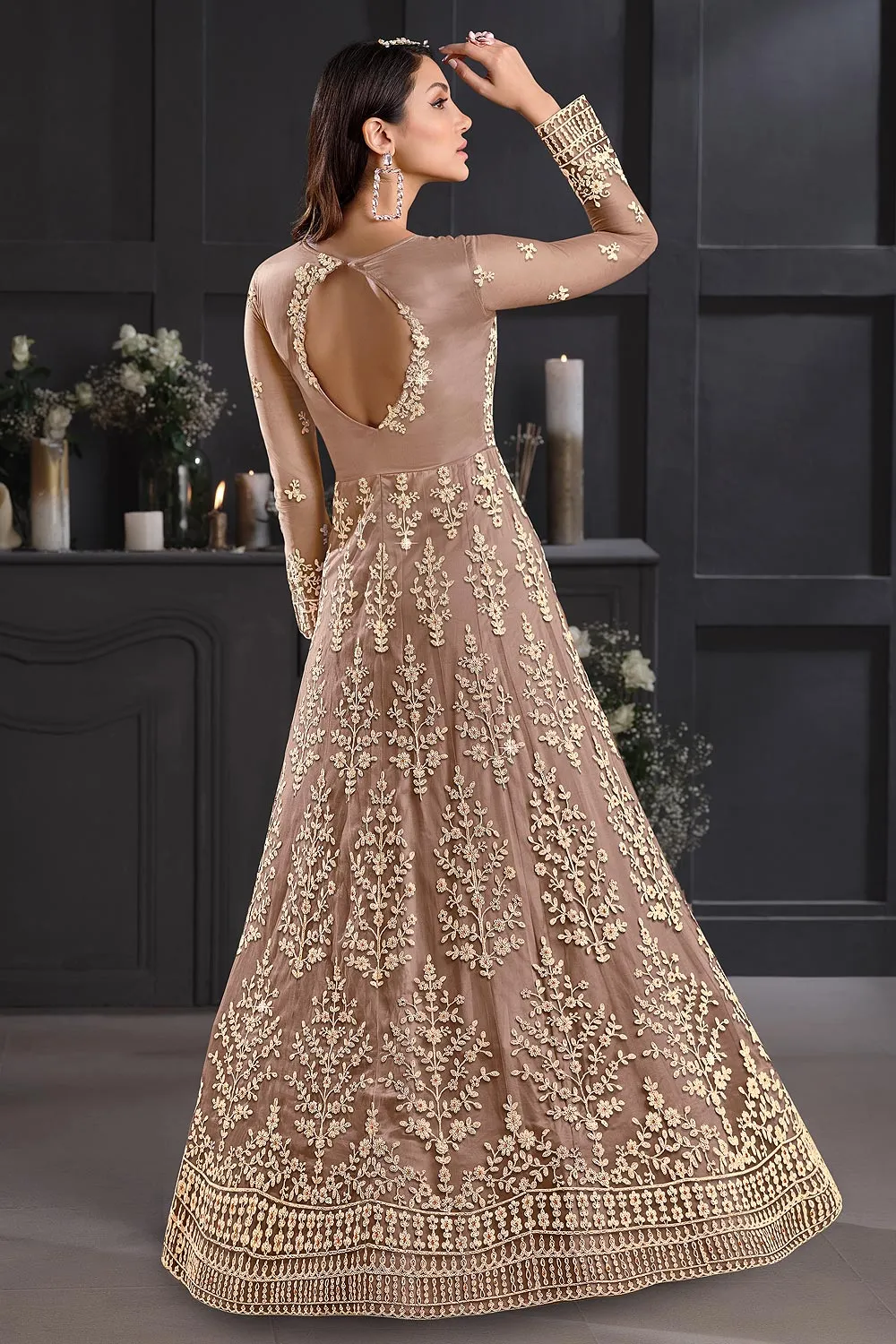 Fawn Mauve Butterfly Net Wedding Anarkali Suit