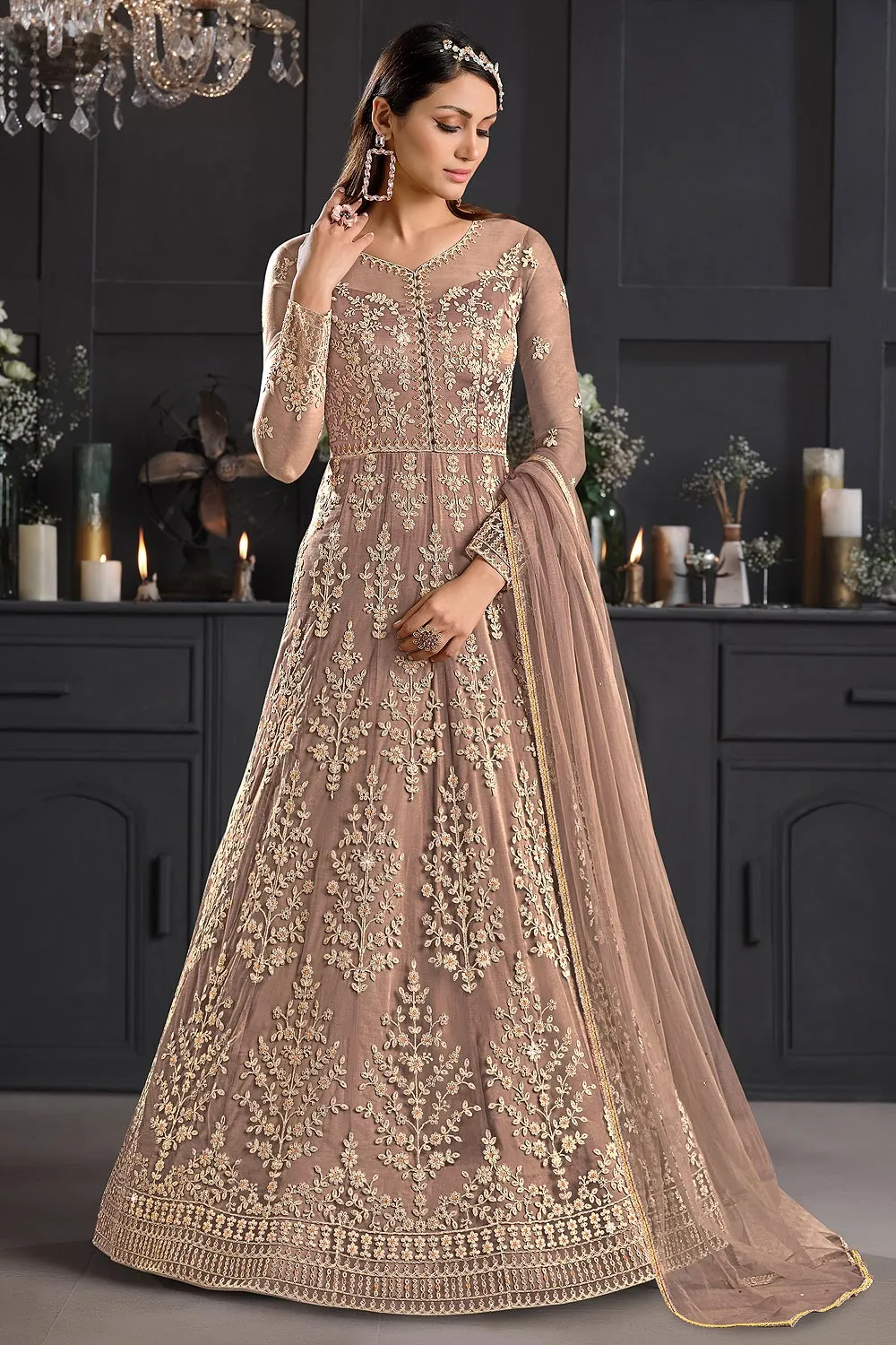 Fawn Mauve Butterfly Net Wedding Anarkali Suit