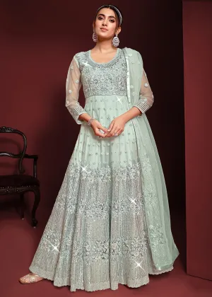 Festive Party Style Light Blue Embroidered Net Anarkali Gown