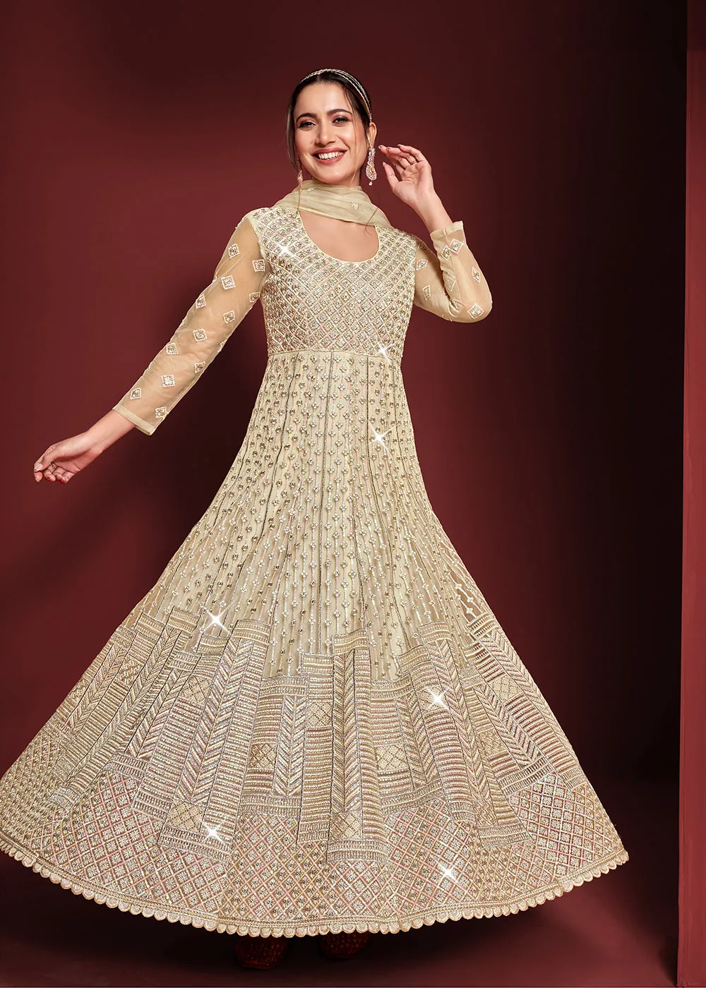 Festive Party Style Light Cream Embroidered Net Anarkali Gown