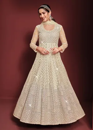 Festive Party Style Light Cream Embroidered Net Anarkali Gown