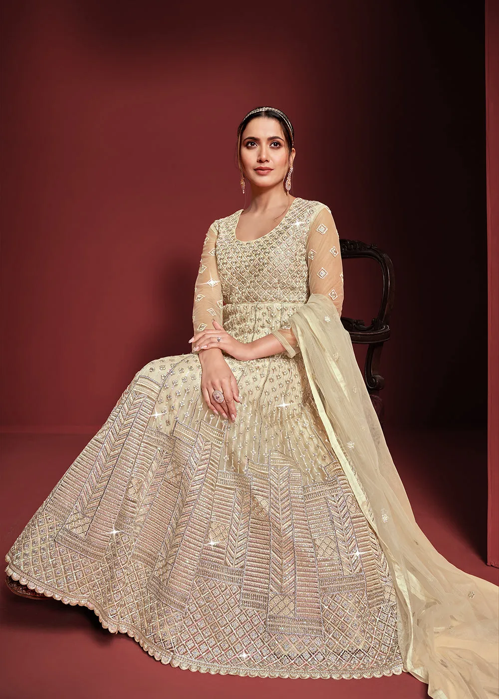 Festive Party Style Light Cream Embroidered Net Anarkali Gown