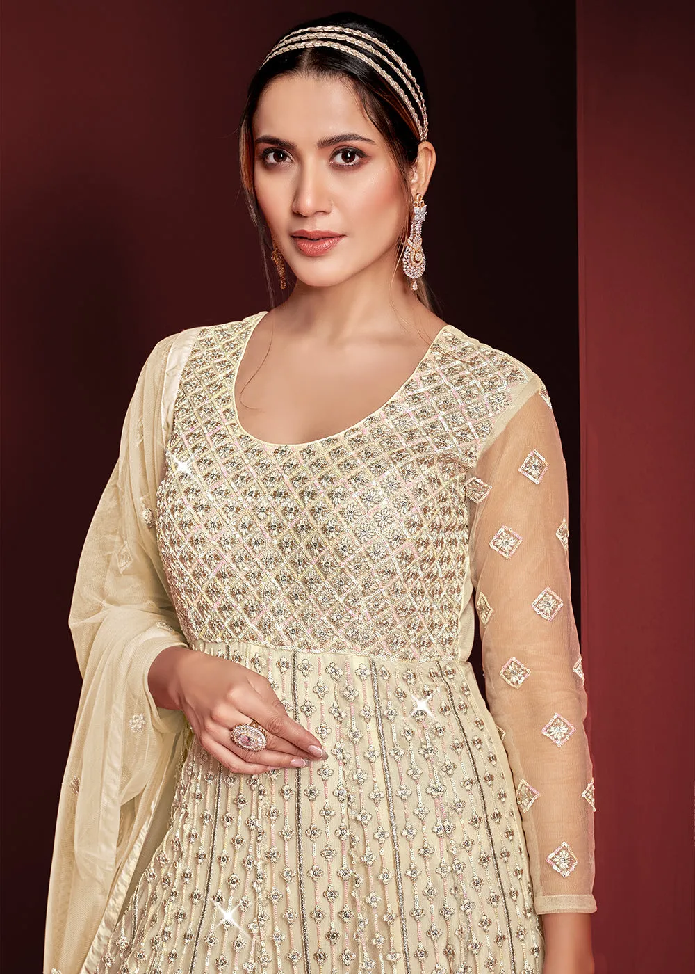 Festive Party Style Light Cream Embroidered Net Anarkali Gown